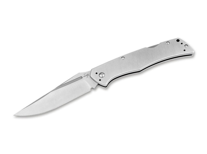 Böker Plus MEK folding knife with brushed stainless steel handle and satin clip-point blade, open side view on white