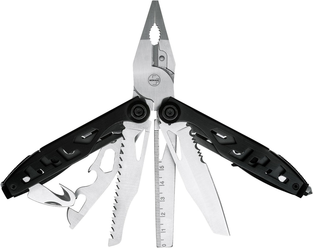 Böker Plus Specialist II multitool fully opened with pliers, saw, scissors-style tools and ruler on the black handles, large view