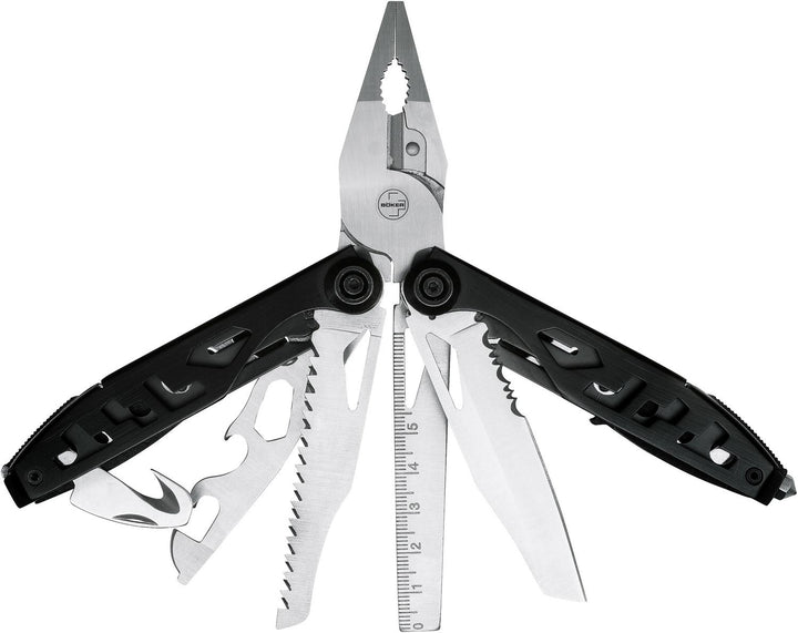 Böker Plus Specialist II multitool fully opened with pliers, saw, scissors-style tools and ruler on the black handles, large view