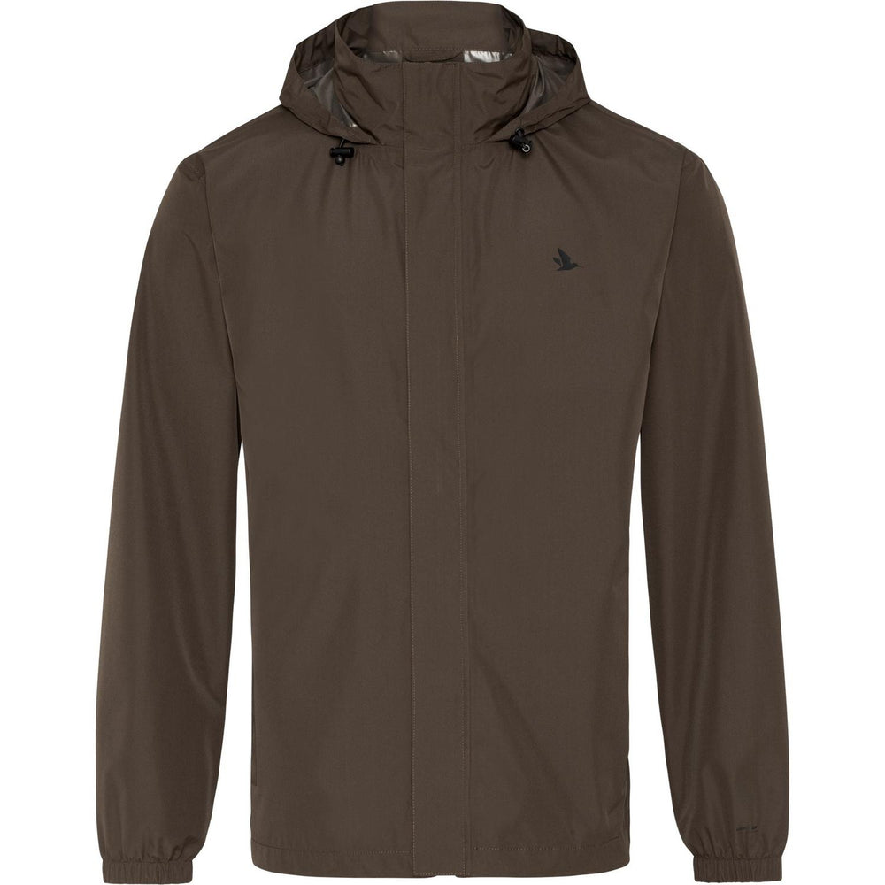 Taxus waterproof jacket flat lay front, dark olive-brown with drawcord hood, covered full-length zip and Seeland bird logo at the chest