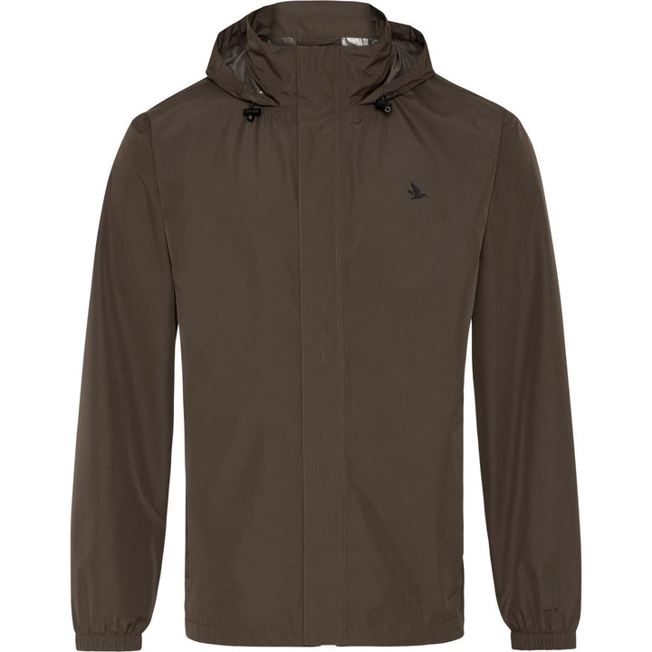 Taxus waterproof jacket flat lay front, dark olive-brown with drawcord hood, covered full-length zip and Seeland bird logo at the chest