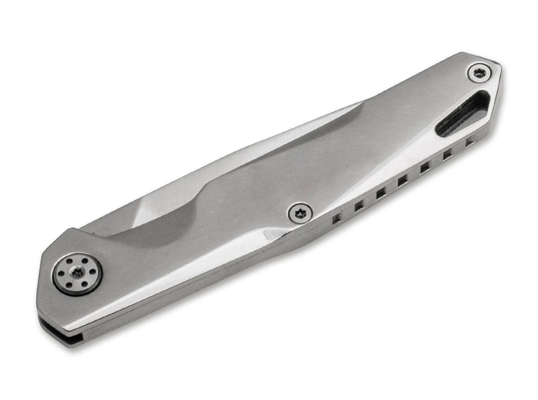 Böker Magnum Shiny EDC folding knife in polished steel, back view of handle with vent holes and screws