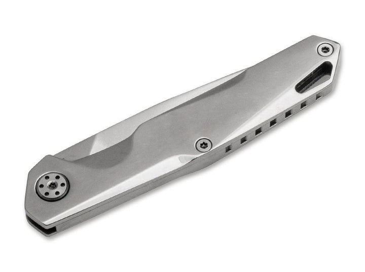 Böker Magnum Shiny EDC folding knife in polished steel, back view of handle with vent holes and screws