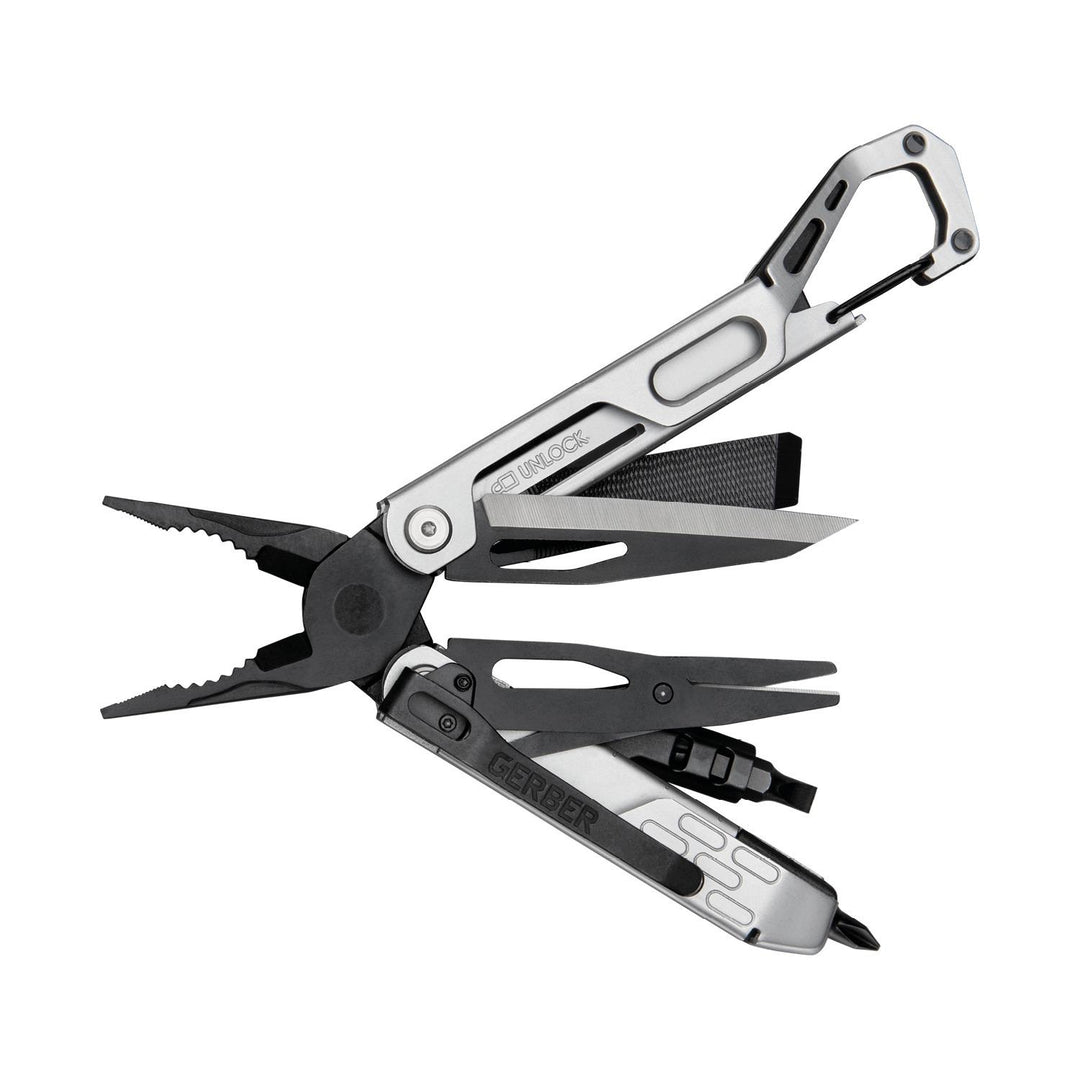 Gerber Stakeout Drive multi-tool viewed from above with pliers and multiple implements deployed, showing the full tool array