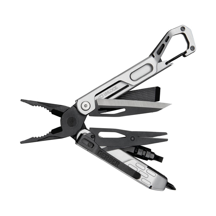 Gerber Stakeout Drive multi-tool viewed from above with pliers and multiple implements deployed, showing the full tool array