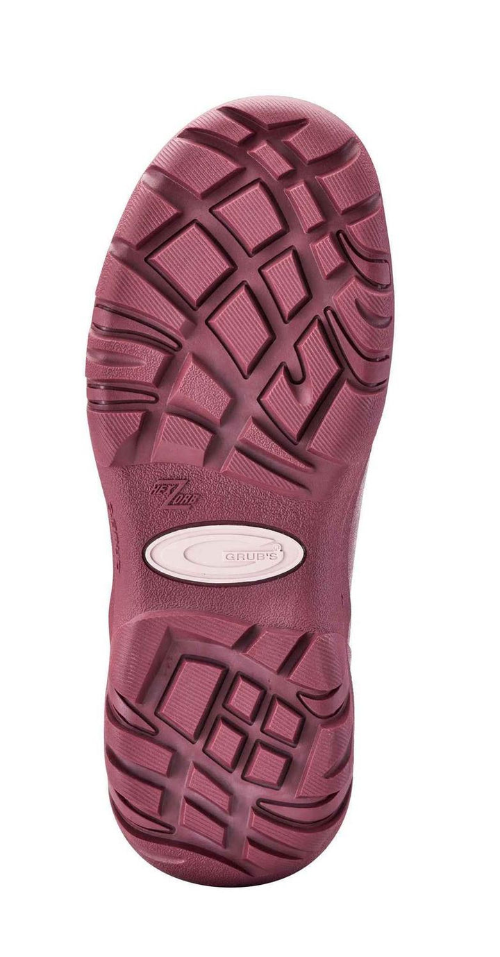 Sole of the berry pink Grubs Frostline 5.0 wellington boot shown from below, tread pattern with centre Grubs badge