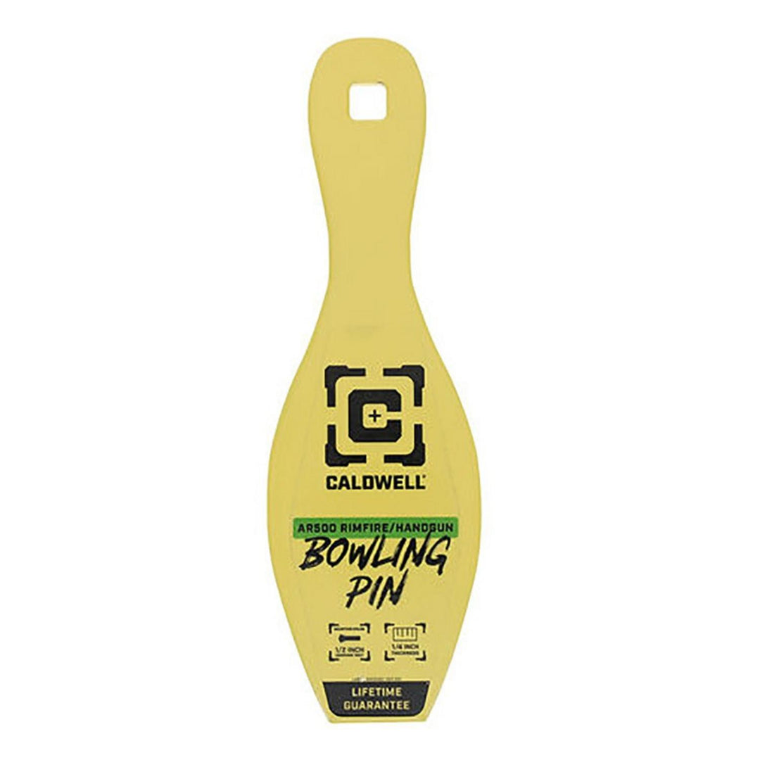 Caldwell AR500 rimfire and handgun bowling pin target, yellow-painted steel silhouette with the Caldwell logo, hanging hole at the top and Lifetime Guarantee text