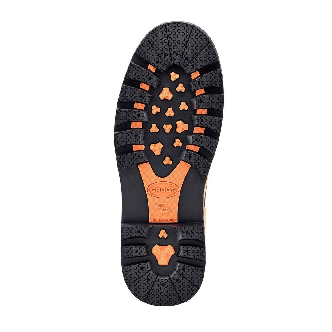 Grubs Ceramic Driver 5.0 S5 safety ankle boot, black and orange sole shown from below with tread pattern