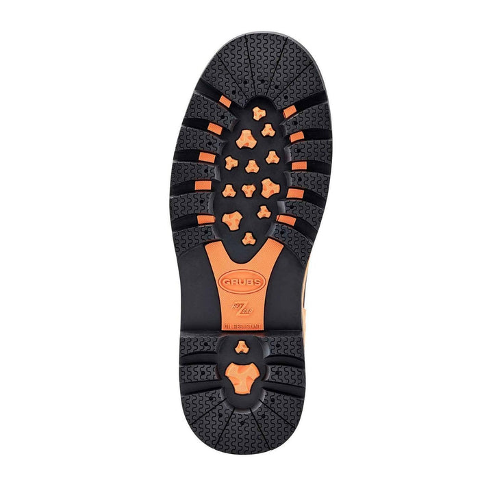 Grubs Ceramic Driver 5.0 S5 safety ankle boot, black and orange sole shown from below with tread pattern