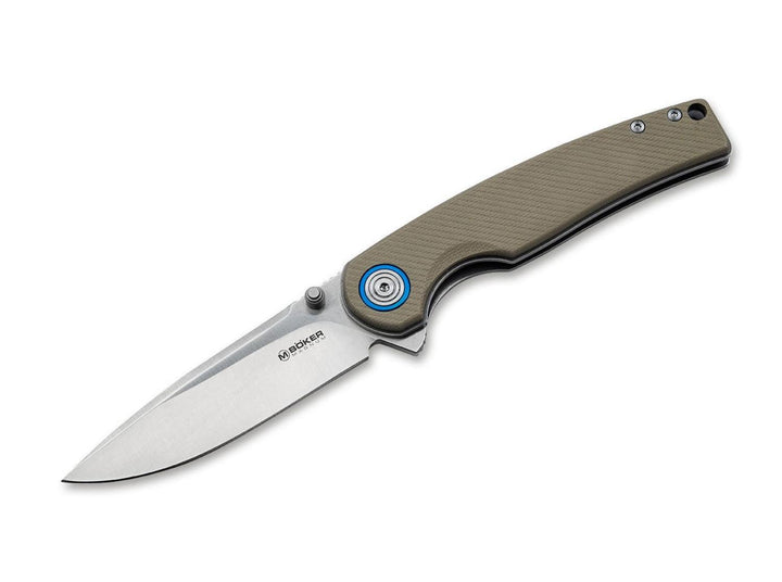 Böker Magnum Rekin folding knife with tan handle and blue pivot ring, satin blade open, side view on white