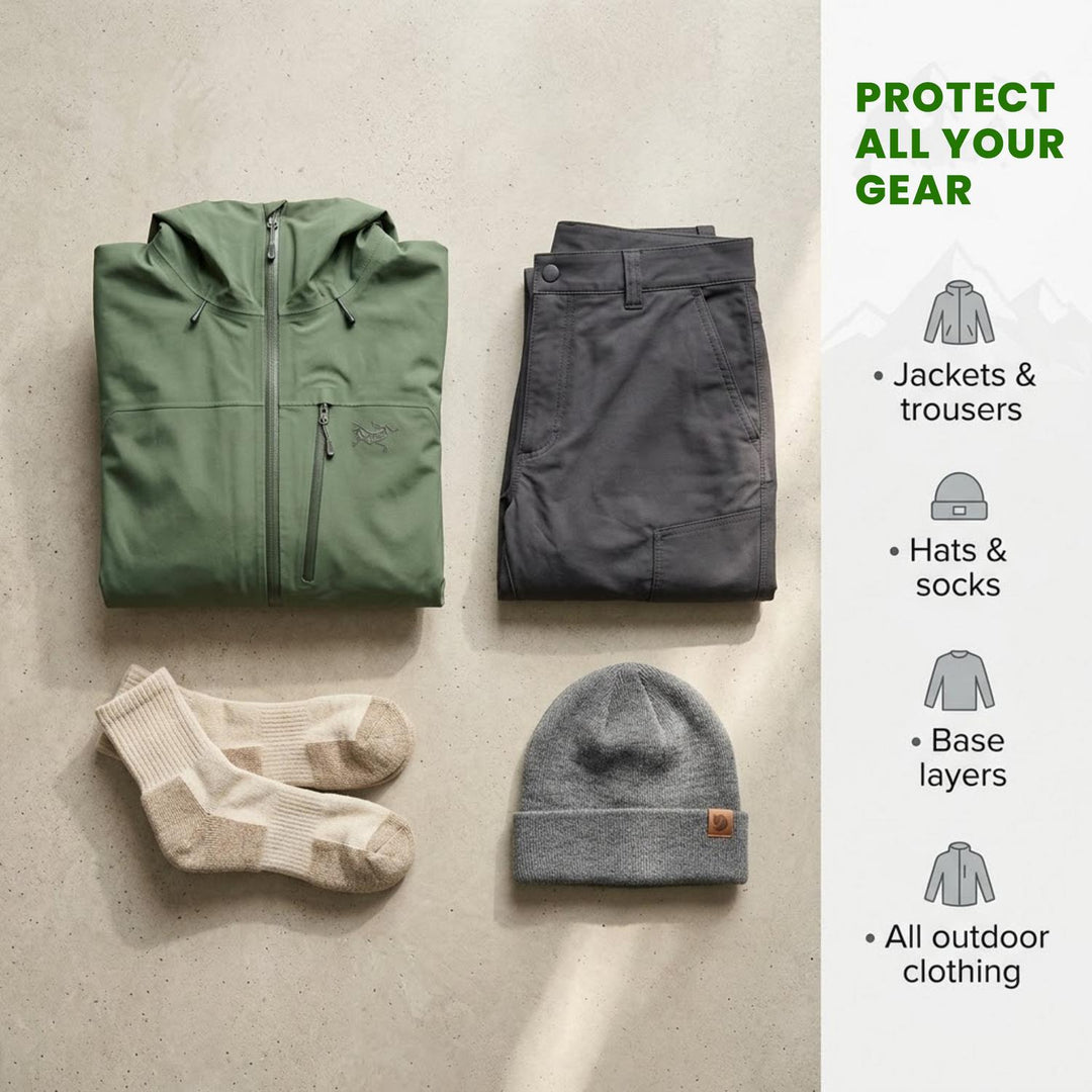 'Protect All Your Gear' graphic with folded jackets, trousers, a hat and beanie, listing the clothing the repellent can treat