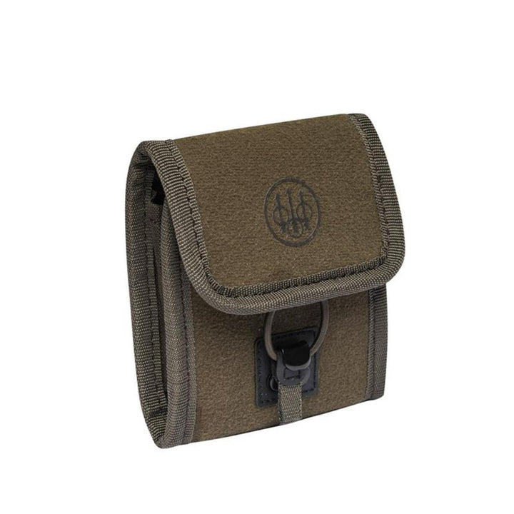 Beretta ammunition pouch in moss green with a brown-bark flap, front-on view showing the closed flap, embossed Beretta trident logo and the belt clip below.