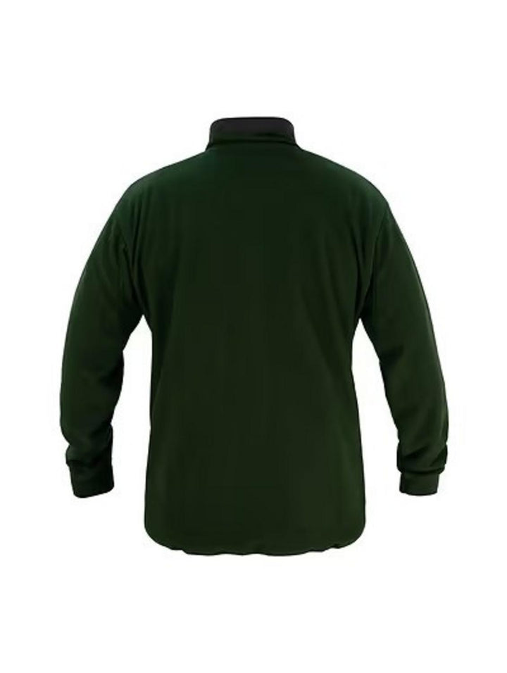 Swazi fleece jacket in dark green, plain back view with a dropped tail hem.