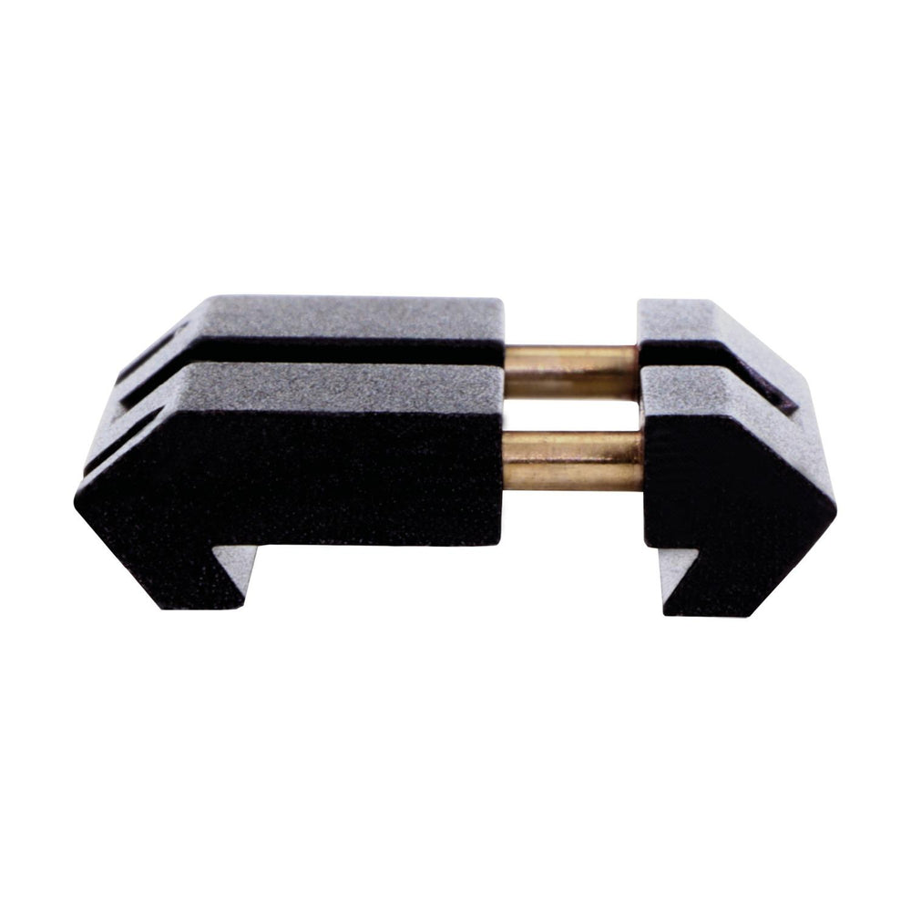 Immersive Optics dovetail insert seen end-on, showing the machined dovetail grooves in the pair of black blocks and the brass cross-posts
