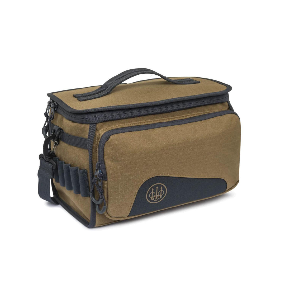 Beretta GameKeeper EVO cartridge bag in khaki and grey, three-quarter studio view showing the carry handle, front elastic cartridge loops and Beretta logo