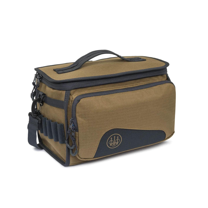 Beretta GameKeeper EVO cartridge bag in khaki and grey, three-quarter studio view showing the carry handle, front elastic cartridge loops and Beretta logo