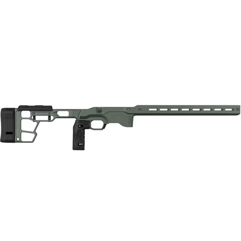 MDT ACC Premier Gen 2 chassis for CZ 457, right hand in olive green (Cerakote), side view with skeletonised stock and pistol grip