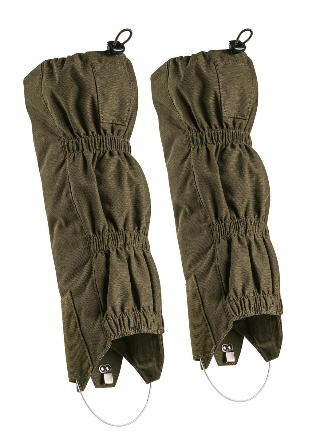 Beretta Quiet Stride gaiters in Green Moss olive green, pair front view showing elasticated ruched panels and drawcord top