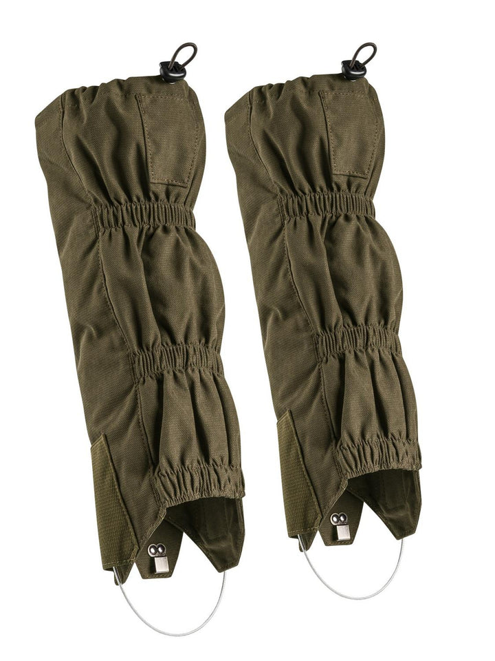 Beretta Quiet Stride gaiters in Green Moss olive green, pair front view showing elasticated ruched panels and drawcord top