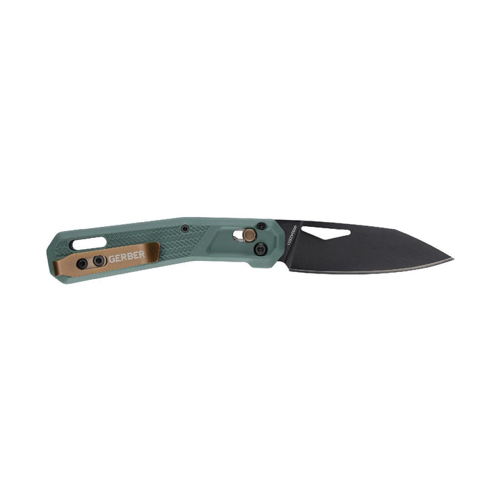 Gerber Vista folding knife open from the reverse side, sage green handle with bronze pivot hardware and the Gerber name plate
