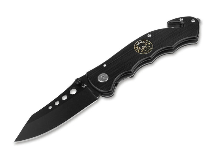 Böker Magnum Special Forces folding knife in black with matt black blade and glass-breaker tip, side view on white