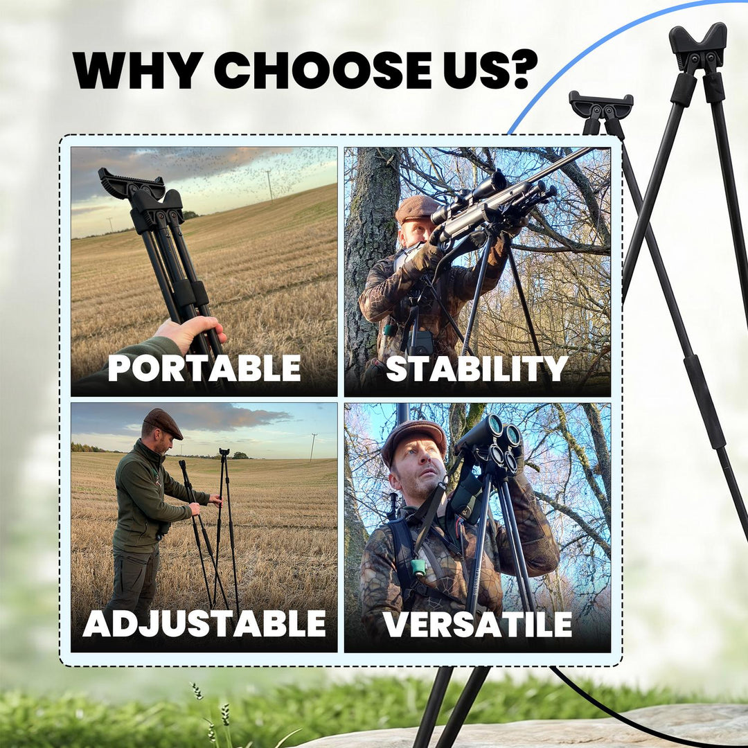 'Why Choose Us?' infographic for the BushWear shooting stick with portable, stability, adjustable and versatile use photos