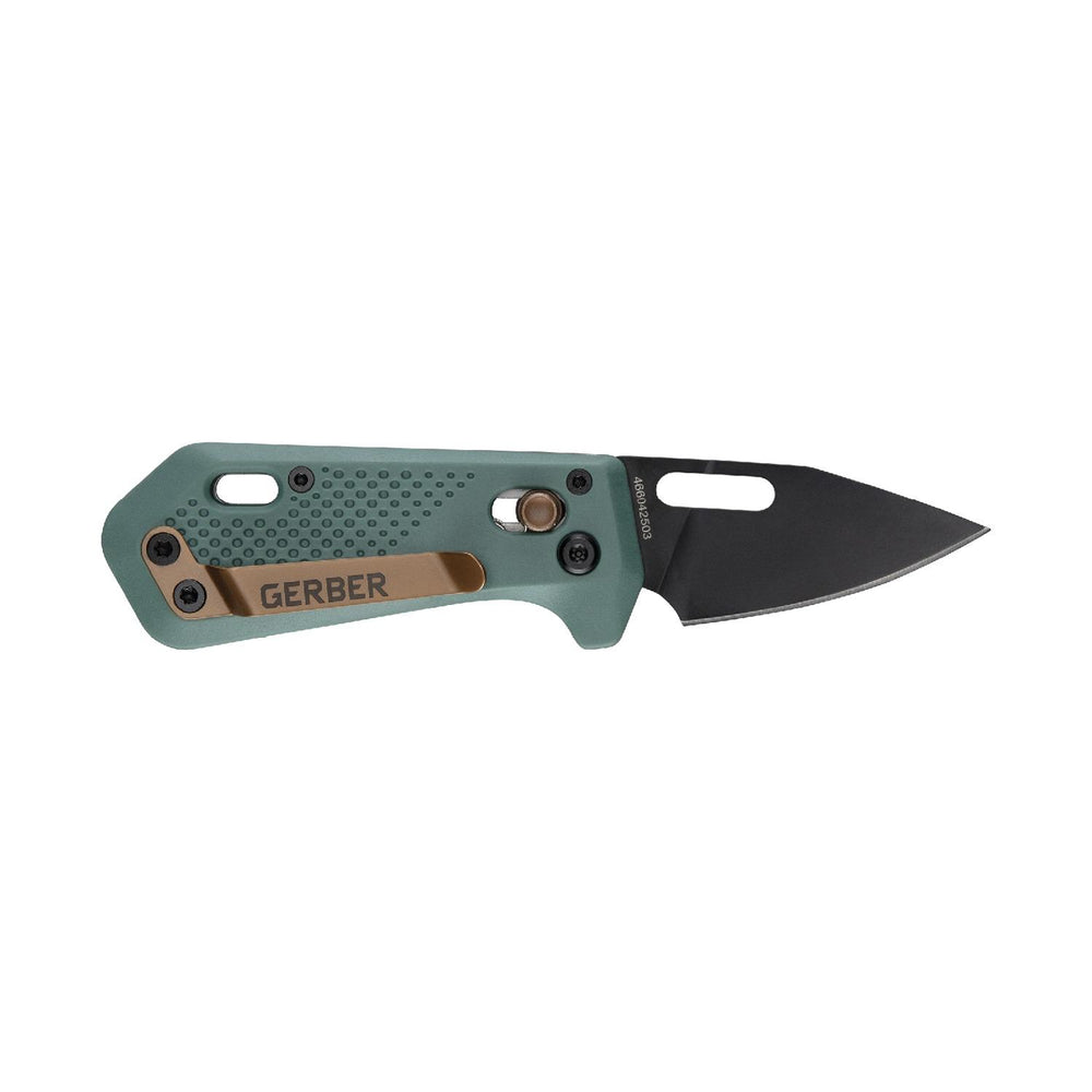 Gerber Nectar folding knife open from the reverse, sage green handle with bronze Gerber name plate and pivot screws
