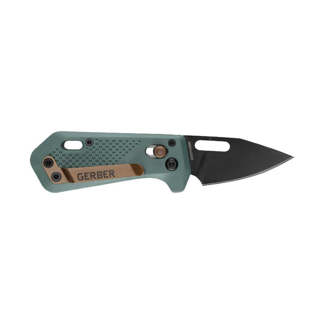 Gerber Nectar folding knife open from the reverse, sage green handle with bronze Gerber name plate and pivot screws