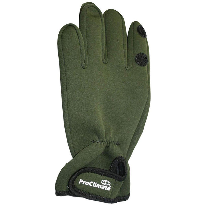 ProClimate neoprene waterproof glove in olive green, back-of-hand view with a fold-back trigger-finger tip, press-stud tab and elasticated cuff.