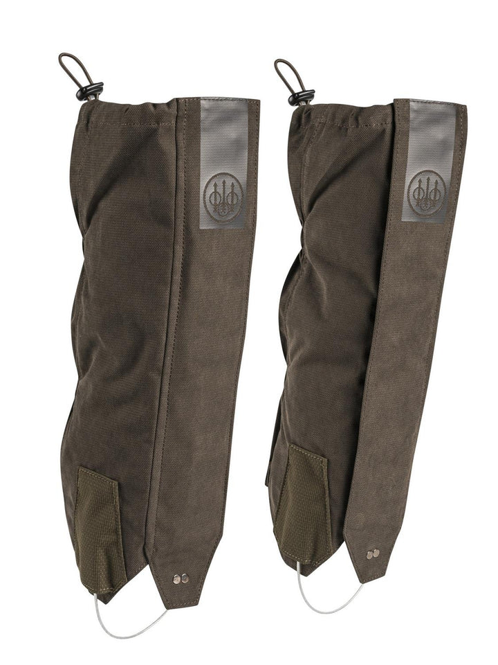 Beretta Quiet Stride gaiters in Brown Bark dark brown, pair side view with Beretta logo patch and under-boot cord