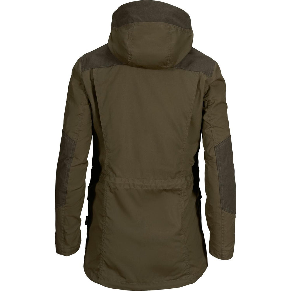 Seeland Key-Point Lady jacket in olive green, ghost-mannequin rear view showing the hood, shaped back panel and longer drop hem.