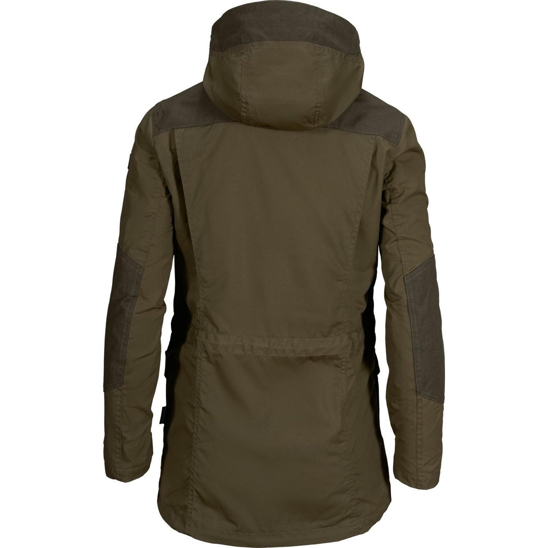 Seeland Key-Point Lady jacket in olive green, ghost-mannequin rear view showing the hood, shaped back panel and longer drop hem.
