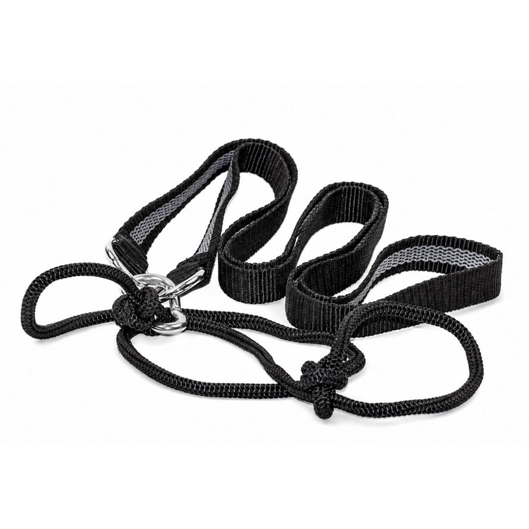 Second view of the Mjoelner deer drag harness, the black webbing straps and adjustable cord loops spread out flat