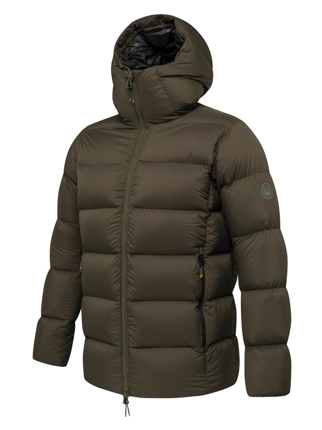 Beretta Svalbard down jacket in dark olive, shown front-on with the hood up and the full-length zip closed, horizontal quilted baffles and a zipped chest pocket.