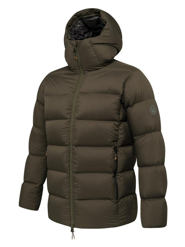 Beretta Svalbard down jacket in dark olive, shown front-on with the hood up and the full-length zip closed, horizontal quilted baffles and a zipped chest pocket.