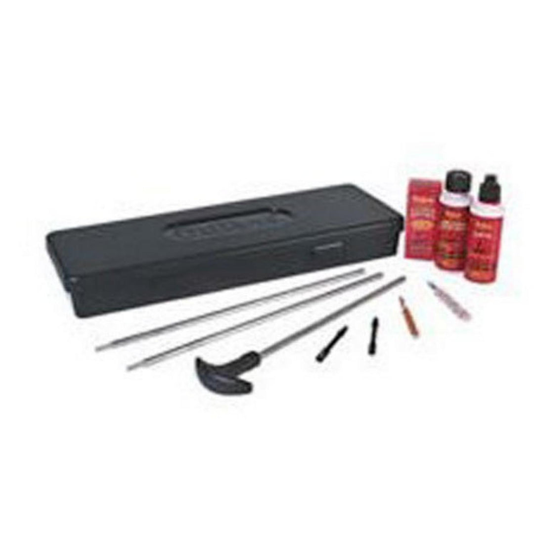 Outers boxed universal aluminium gun cleaning kit with rods, brushes and solvent bottles laid out beside the black case