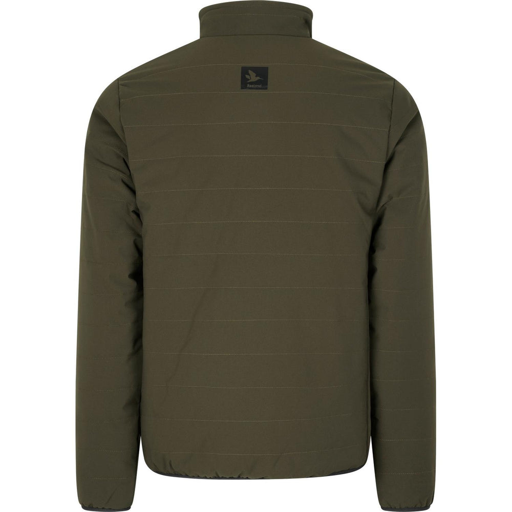 Back of the olive Seeland Celsius Heat jacket on an invisible mannequin, horizontal quilt lines and a small flying-duck logo tab below the collar.