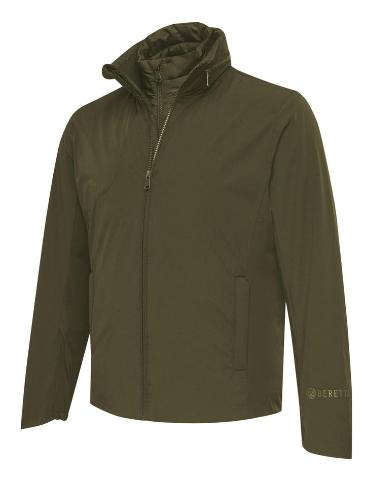 Beretta Pursuit 2 in 1 Jacket in olive green, men's three-quarter front view with collar up and full zip