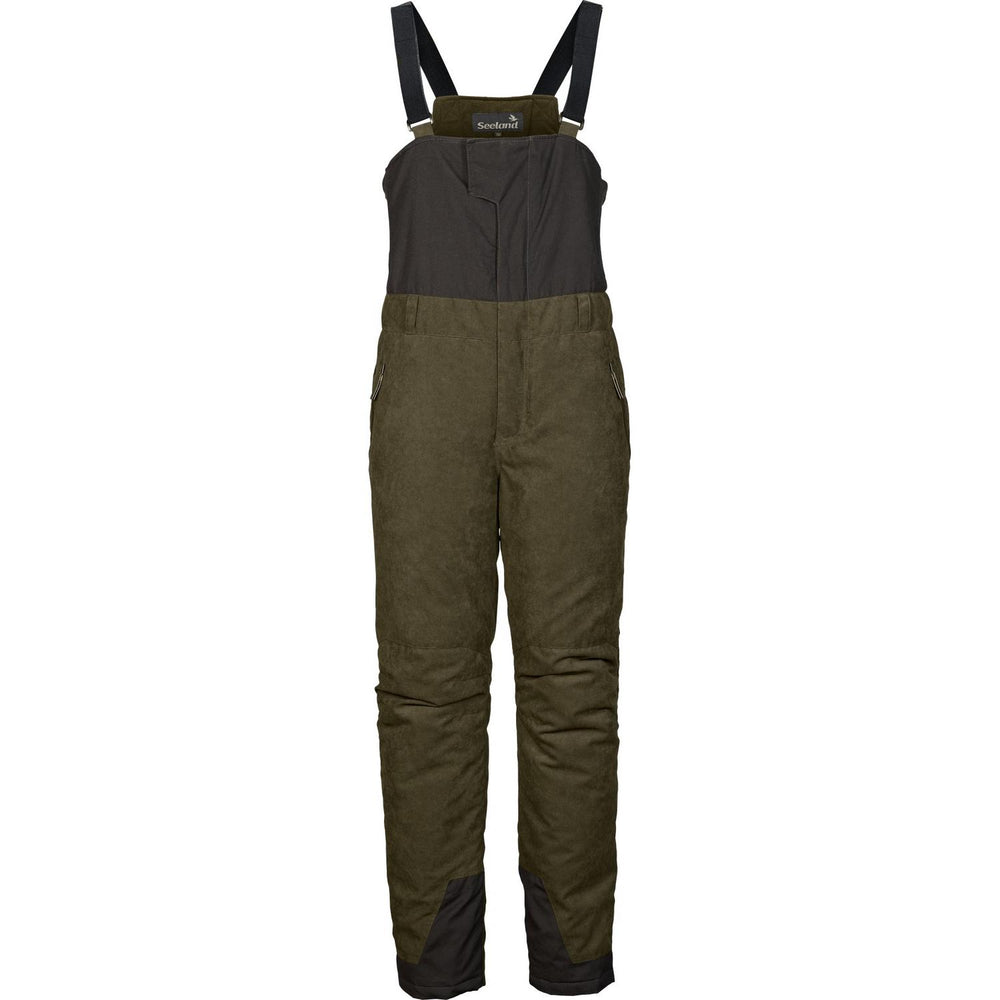 Seeland Taiga salopette-style trousers, front view of the olive green insulated trousers with black bib top and adjustable shoulder straps
