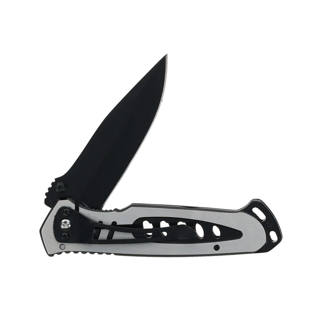 Smith & Wesson Extreme Ops folding knife open with the black-coated drop-point blade angled upward, grey skeletonised aluminium handle with pocket clip