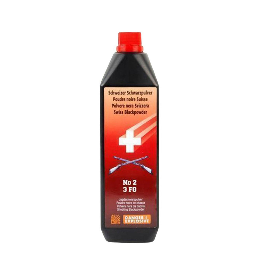 Swiss No.2 3Fg black powder 1kg bottle with red cap and red, black and white Swiss cross label, front view