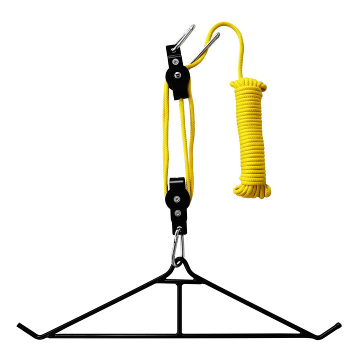 Hunter Specialties Mag 4:1 lift system assembled and hanging, pulleys and yellow rope above the black steel gambrel