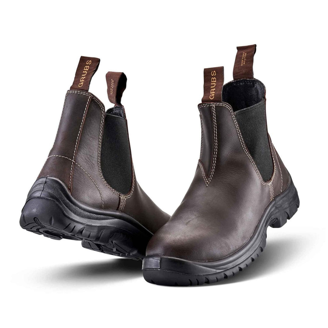 Grubs Tempest leather dealer boots in dark brown, pair shown from the front three-quarter with black elastic side panels and pull tabs
