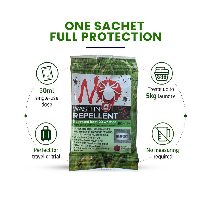 'One Sachet, Full Protection' spec panel: a 50ml single dose treats up to 5kg of laundry, travel-friendly with no measuring required
