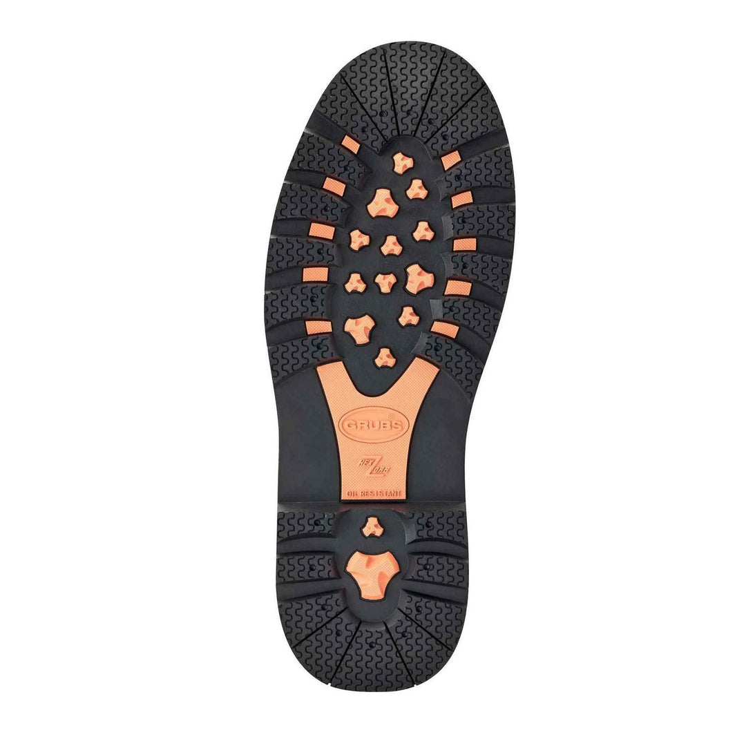 Grubs Ceramic 5.0 S5 safety wellington boot, black and orange sole shown from below with tread pattern