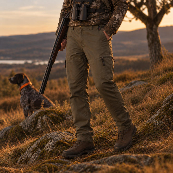 Hunter walking with a broken shotgun and gun dog on a hillside at sunset, wearing the No Tick Forest Trousers