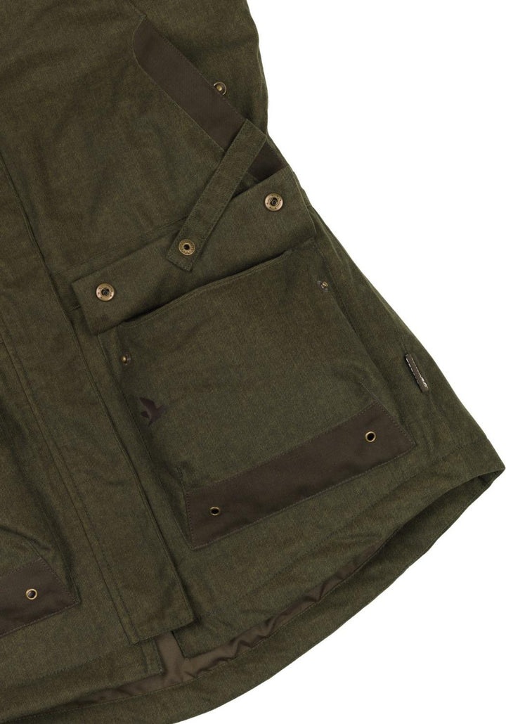 Detail of the jacket front edge folded back: press-stud storm flap, chest pocket and leather trim on olive melange fabric