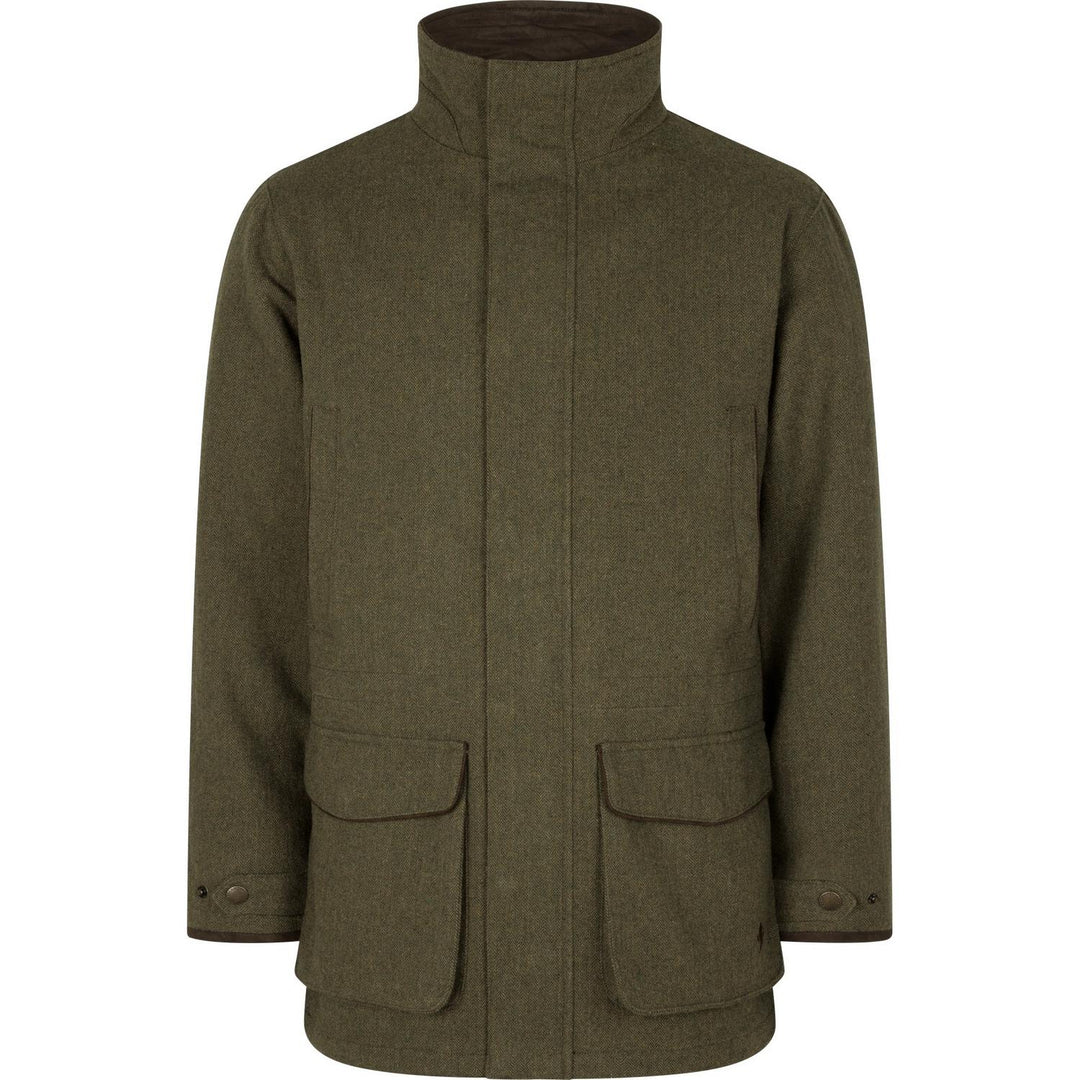 Seeland Hillside jacket in olive green tweed, front view with stand collar and two flap pockets