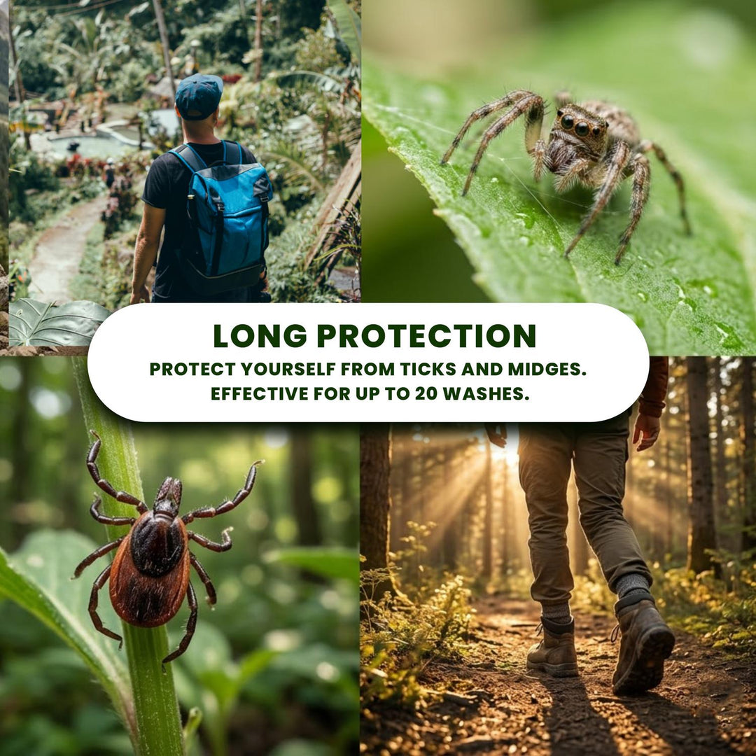 'Long Protection' lifestyle graphic of a hiker in woodland, noting tick and mite protection effective for up to 35 washes