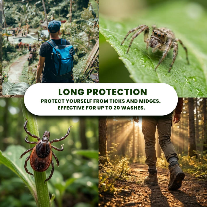'Long Protection' lifestyle graphic of a hiker in woodland, noting tick and mite protection effective for up to 35 washes